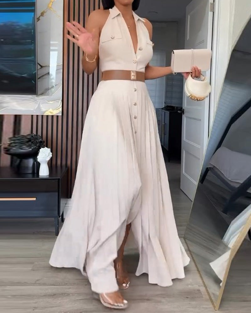 european and american export women's artistic sleeveless single-breasted backless socialite fashion dress