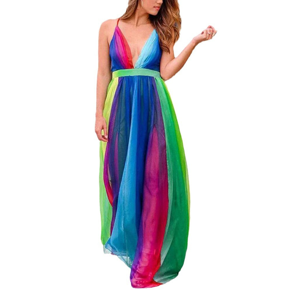 2025 new spring/summer cross-border fashion women's long dress - sexy deep v rainbow mesh suspender dress