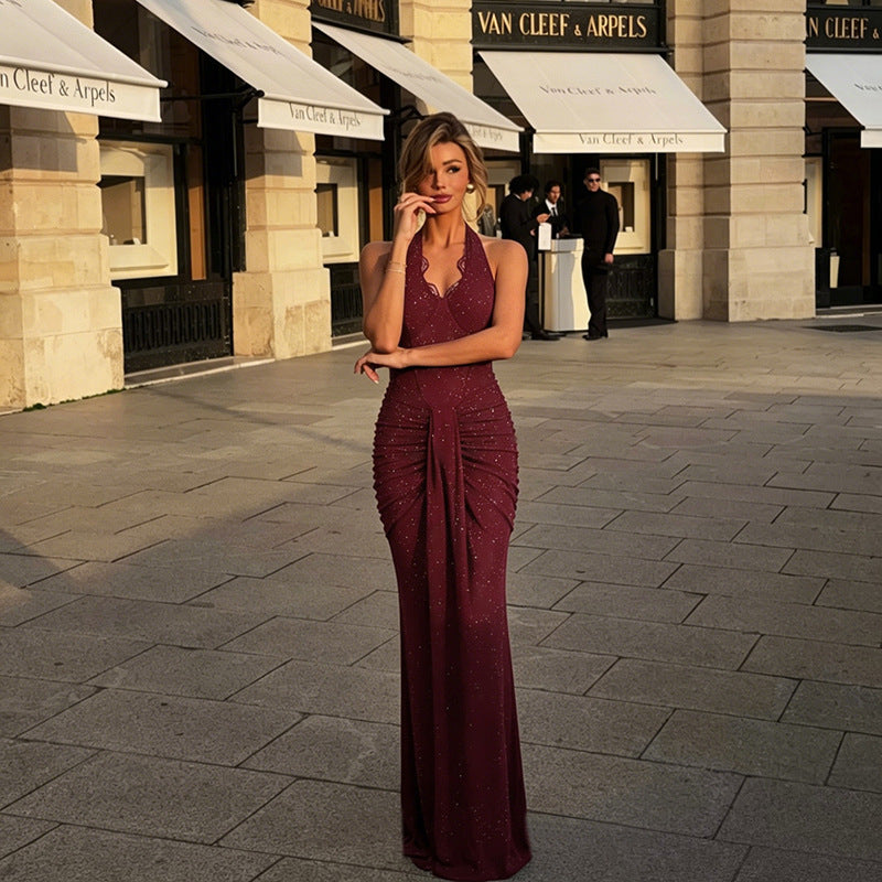 Amazon fashion european and american style  summer new halter neck shiny silk waistband backless sexy socialite elegant dress for women