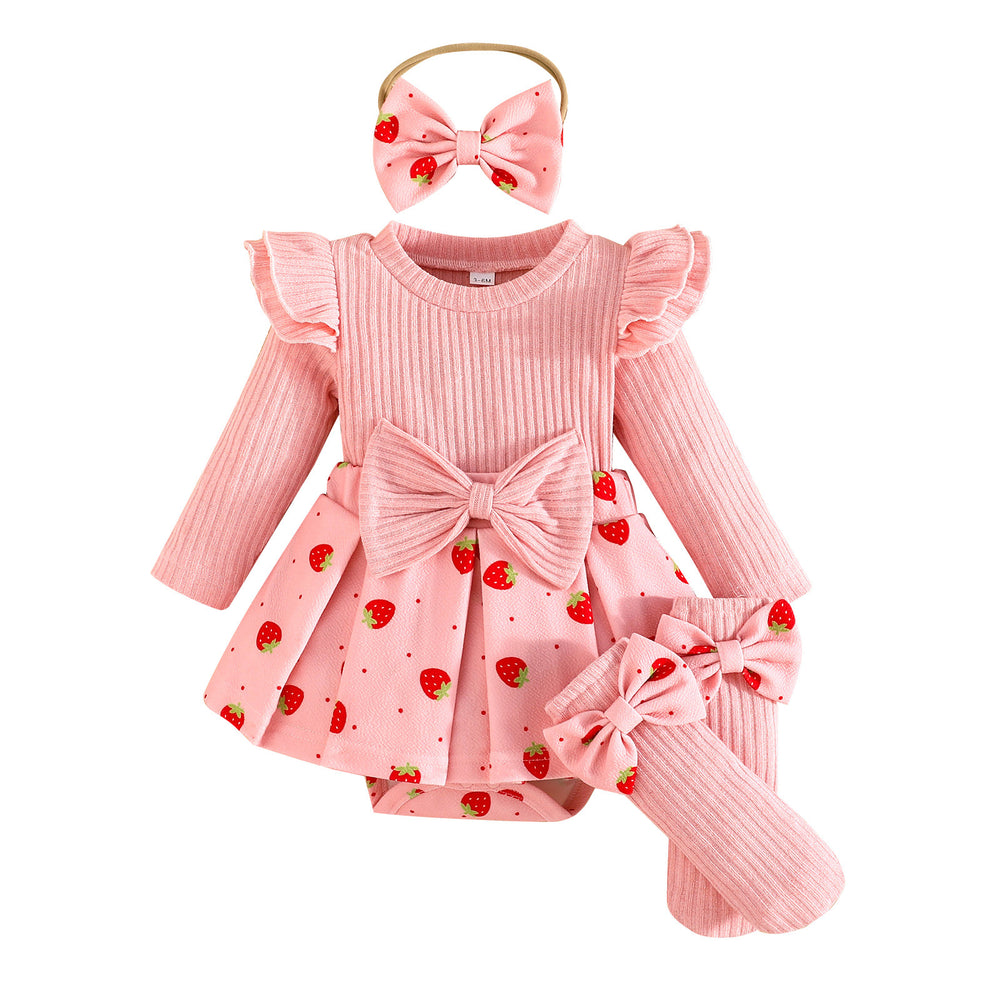 newborn baby girl autumn/winter collection: printed triangle romper + headband + bow socks - sweet & adorable style