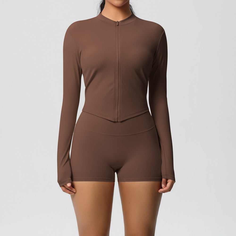 Ready-to-ship cross-border double-sided brushed solid color fitted zip-up jacket yoga set workout running fitness set for women
