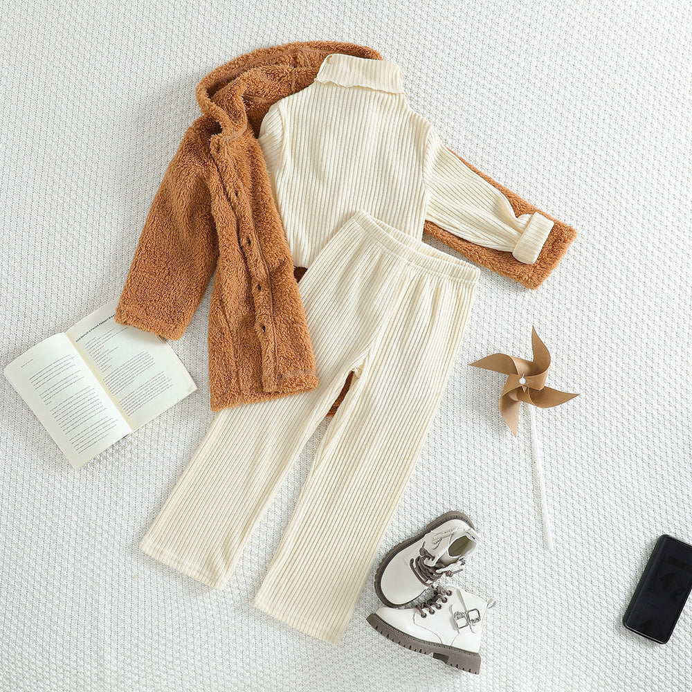 Warm winter fashion fleece-lined outwear high collar texture topspantsheattechfall and winter suit pants suit three-piece set