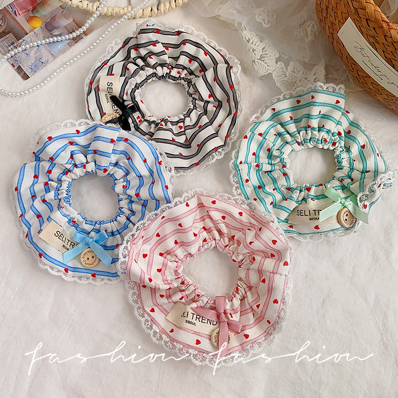 Blue striped lace heart-shaped scrunchie hair tie - korean style hair bun maker - elastic hair band