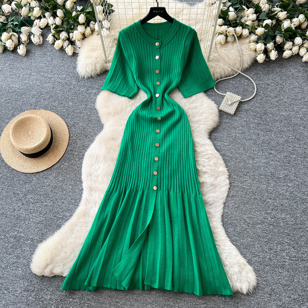 Korean style commute hollow-out green a-line dress - women's summer short sleeve high-waisted button-down elegant knit dress