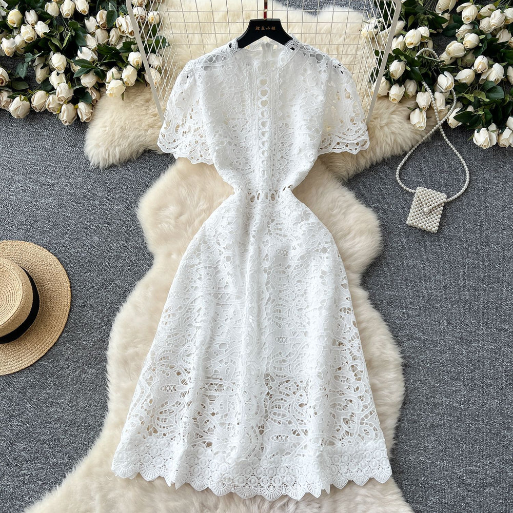 High-end hollow-out crochet lace dress - women's french style, slimming, elegant, short sleeve maxi dress - summer 2025 collection