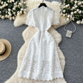 High-end hollow-out crochet lace dress - women's french style, slimming, elegant, short sleeve maxi dress - summer 2025 collection
