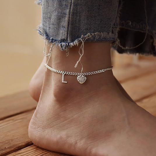 Amazon exquisite silver initial anklet - minimalist personalized letter anklet with cz heart cuban chain