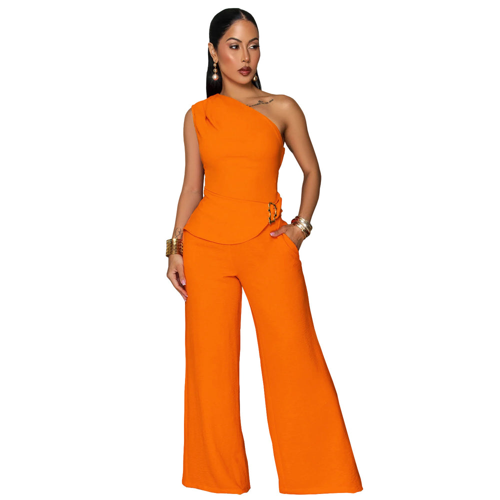 C7736 cross-border    new women's casual solid color one-shoulder top and pants two-piece set
