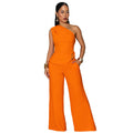 C7736 cross-border    new women's casual solid color one-shoulder top and pants two-piece set