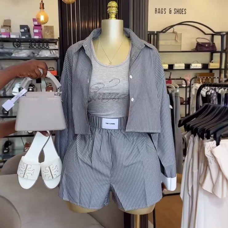 European and american cross-border women's fashion:  summer new arrival - elegant and stylish striped long-sleeve shirt and wide-leg shorts casual set