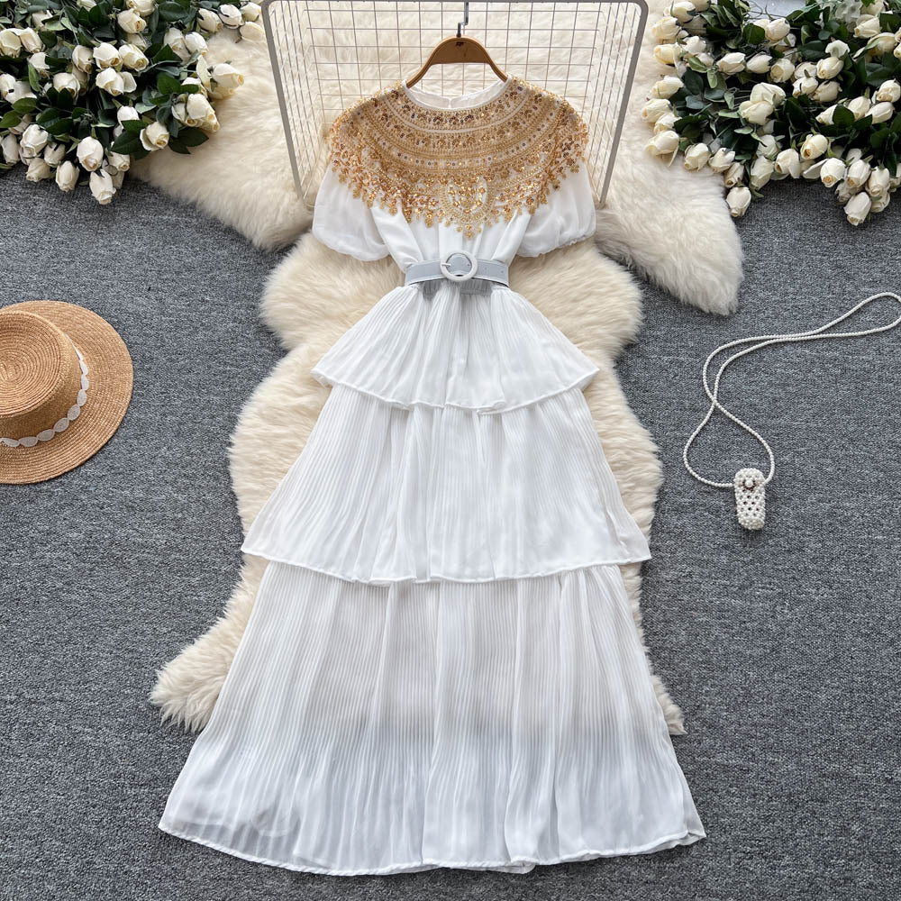 Palace style accessible luxuryclassy puff sleeve dress for women summer heavy industry sequin design beautiful elegant cake long skirt