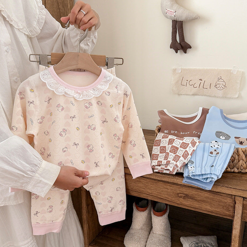 Kidsfall and wintershu velvet 320gthickenedpure cotton autumn clothes and long pants home clothes suit class a boneless baby set of two pieces