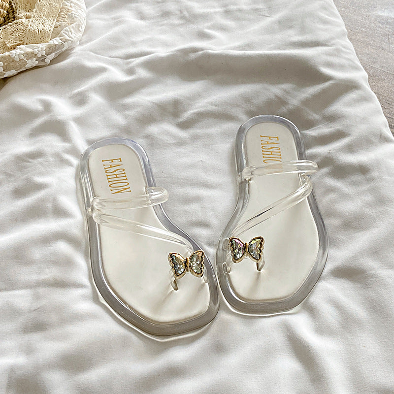 Summernew arrivalfashion crystal flip-flops women's outwear indoor non-slip popular rhinestone butterfly flip-flops