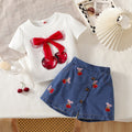new cross-border girls' round neck 3d bow top and embroidered denim pants two-piece set