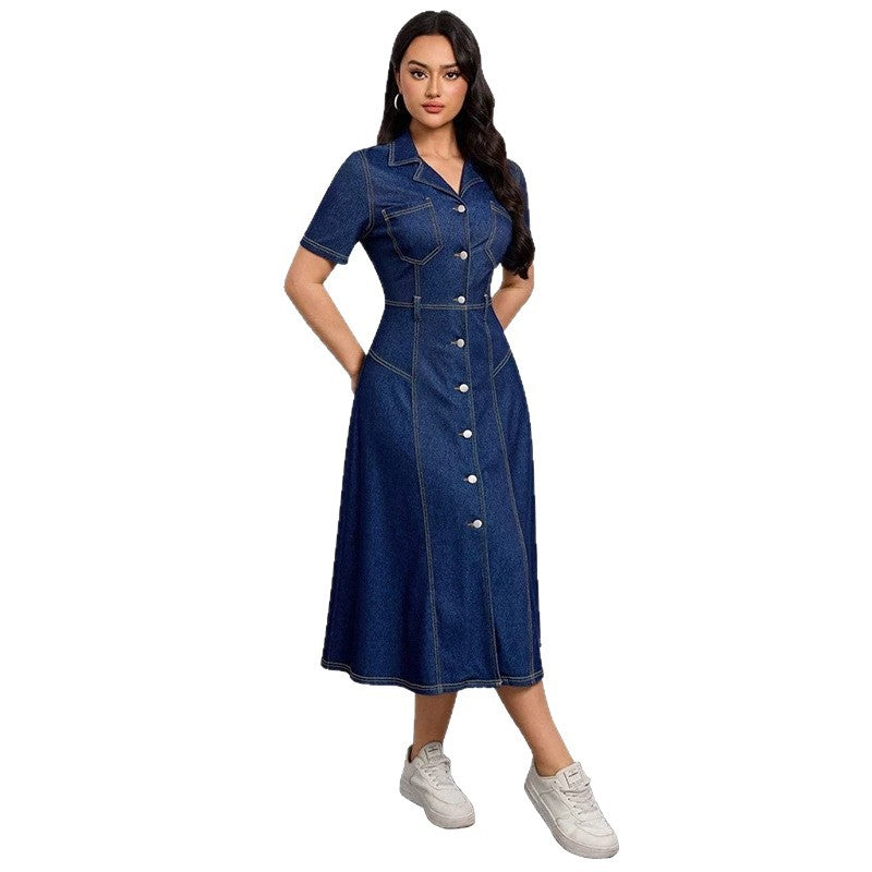 New arrivalfashion cross-border  independent station export short-sleeved lapel casual style shirt collar denim dress