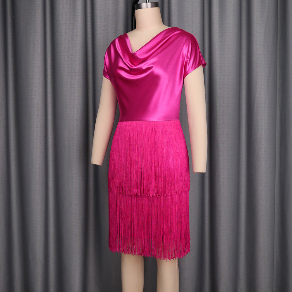 sexy waist slimming lookdress rose red satin tassel patchwork party wear party dress