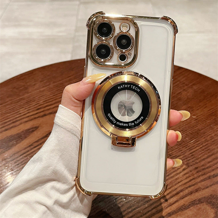 Four-corner anti-fall electroplating suitable for apple 16pro ring holder mobile phone case iphonexr/12 transparent protective cover
