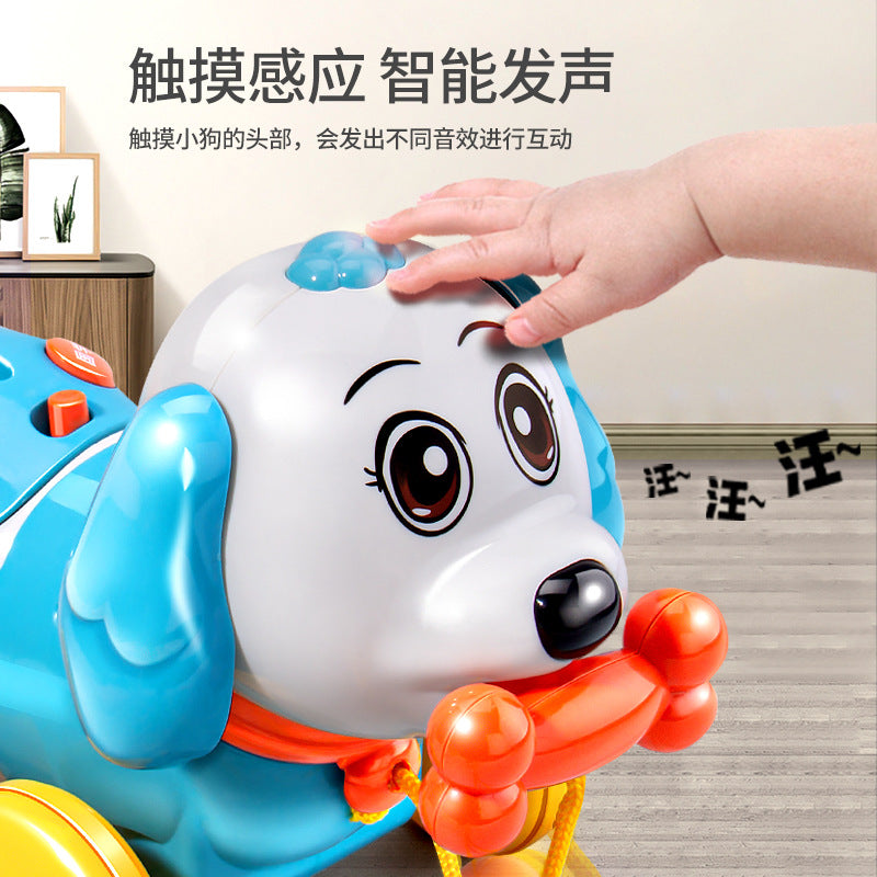 Kids' pull-along dog toy: educational, early learning, money bank, musical, light-up, crawling, interactive toy with touch-sensitive feeding feature