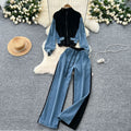 Fashionsuit women's hong kong style casualcontrast colorpatchwork stand collar zipper fake two-piece tops high waist denim wide leg pants