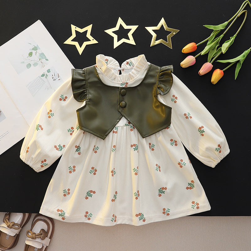 Baby girl spring dress with padded vest detail, patchwork skirt, toddler & little girl printed princess dress, casual long sleeve dress for girls