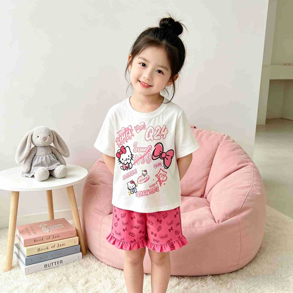 【matching family set】girls' sweet & girly pajamas - summer kids' loose-fit short sleeve & shorts set - stylish baby loungewear