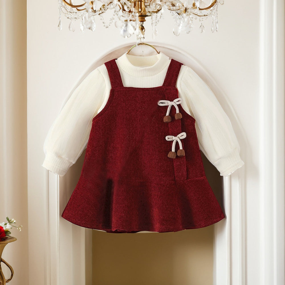 girls' autumn/winter thickened dress set - burgundy new year's outfit with bow for chinese new year celebrations