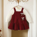 girls' autumn/winter thickened dress set - burgundy new year's outfit with bow for chinese new year celebrations