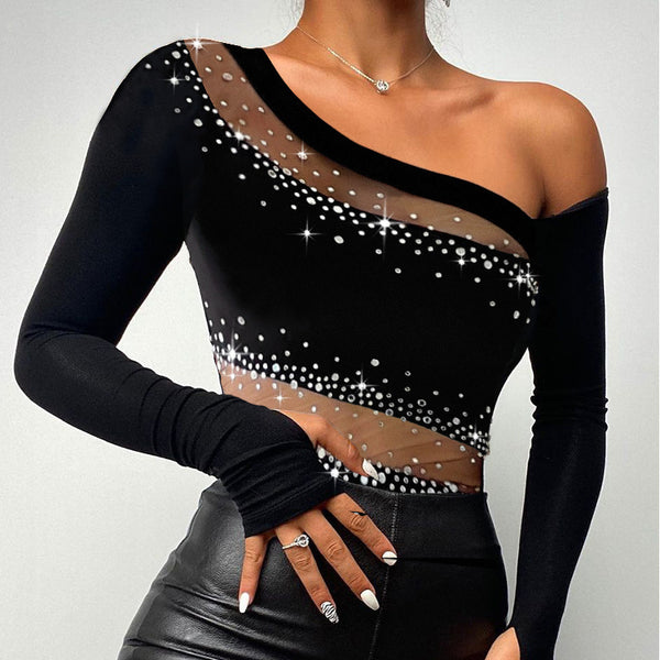 LZS414200B European and American women's clothing new black see-through mesh yarn hot diamond splicing long-sleeved off-the-shoulder tight top