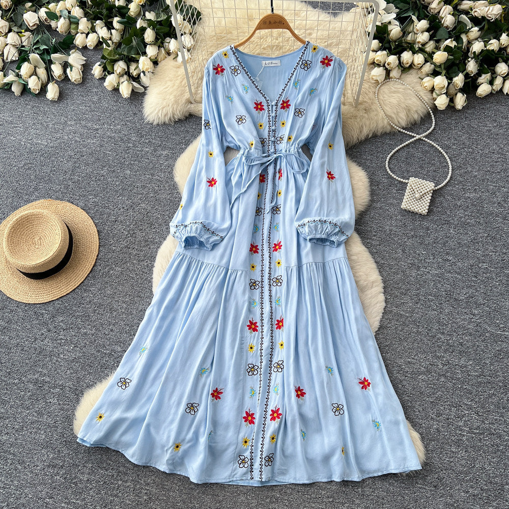 Ethnic embroidered tie-waist dress - women's summer long sleeve v-neck a-line maxi dress - elegant & chic