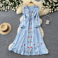 Ethnic embroidered tie-waist dress - women's summer long sleeve v-neck a-line maxi dress - elegant & chic