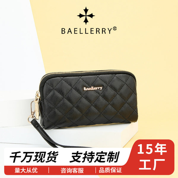 Cross-border new women's long hand clutch bag Baellerry rhombus double zipper mobile phone wallet change bag