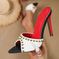 2026 new european and american style pointed-toe stiletto heel rivet color block peep-toe sandals women's fashion high heels for outdoor wear