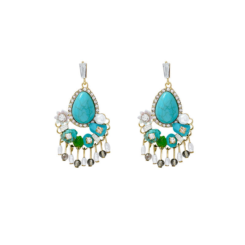 New chinoiserie retro turquoise tassel flower earrings women's niche design ethnic style earrings fashionelegant earrings