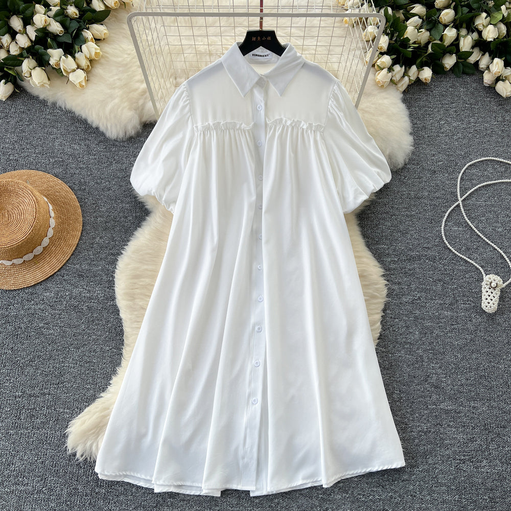 Lazy style dress women's korean style fashionsense of design lantern sleeves pleated single-breasted slimming lookloose shirt skirt