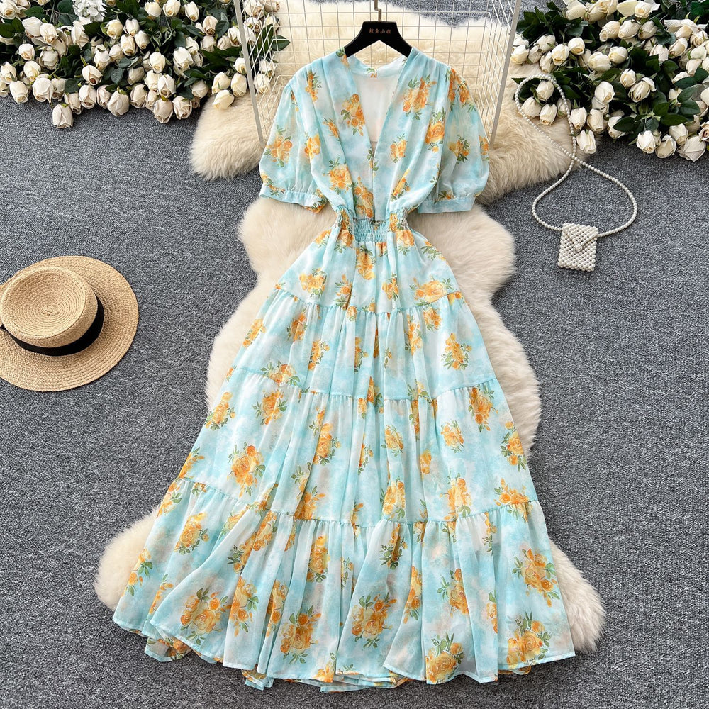 Frenchretrov neck puff sleeve floral chiffon dress women's summer dress waist elegant slit ruffles long skirt