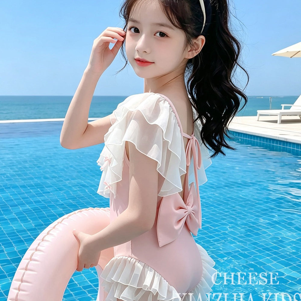 Girls' two-piece swimsuit: kids' double-layer mesh ruffle trim bowknot swimwear for beach vacations, hot springs, and swimming