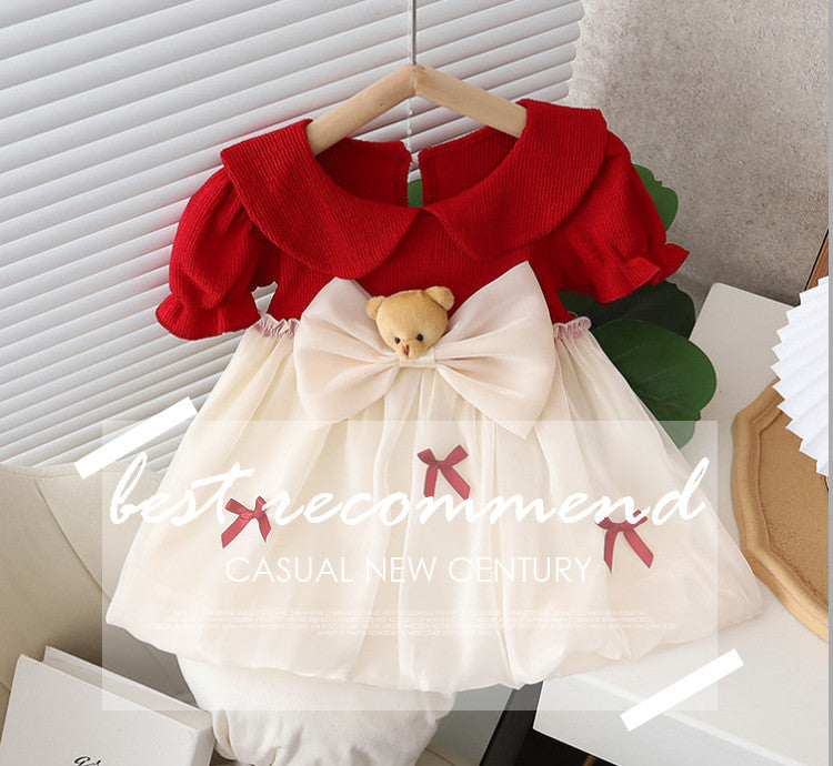 Girls' dress  summer new arrival: doll collar, bowknot, bear design, korean style, lightweight short-sleeve cotton dress for children