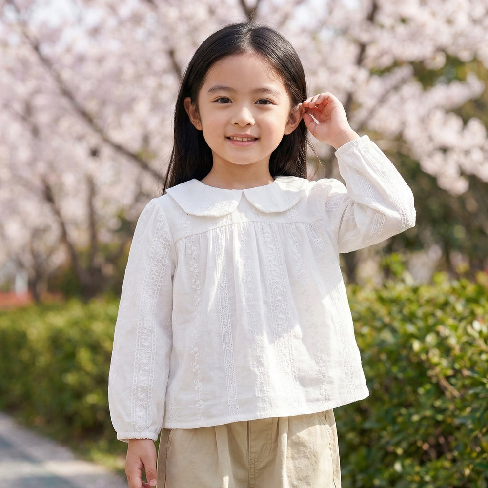 autumn new arrival: long-sleeved jacquard white blouse - stylish korean style baby undershirt with turn-down collar for girls