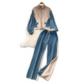 Fashionsuit women's hong kong style casualcontrast colorpatchwork stand collar zipper fake two-piece tops high waist denim wide leg pants