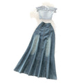 American retro spicy girl denim set - women's summer design with ruffle trim, bandeau top, and high-waisted fishtail skirt