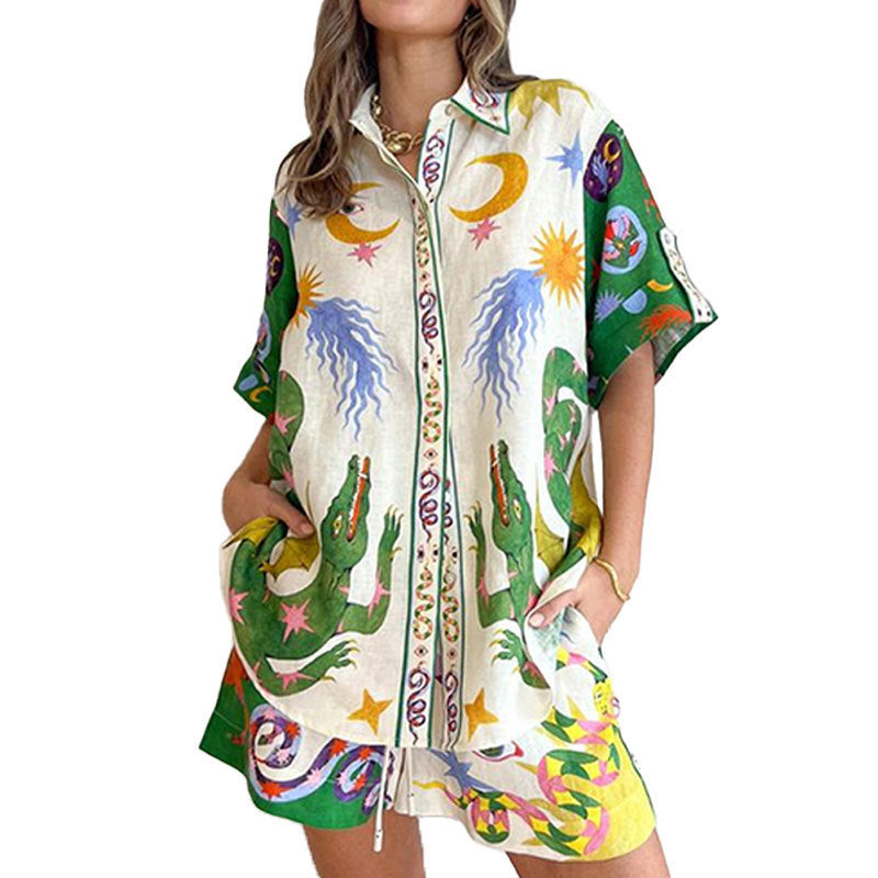 summer new women's fashion casual set - vacation-ready printed shirt and tie-waist shorts outfit