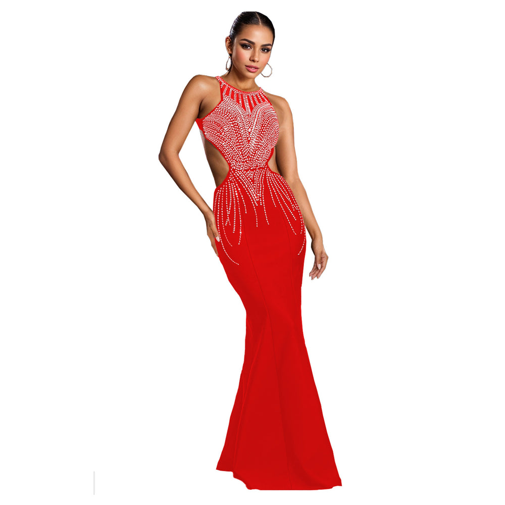 C7122 cross-border   fashionable women's bodycon mermaid rhinestone backless dress