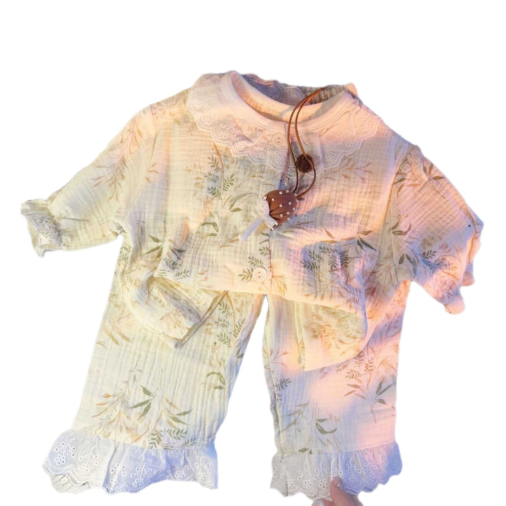 Warm and blooming girls' home wear set:  new sweet & cute floral lace long-sleeve outfit - trendy wholesale