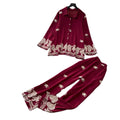 Vintage court style embroidered print elegant two-piece set - women's autumn polo collar slim fit wide leg pants - executive lady outfit