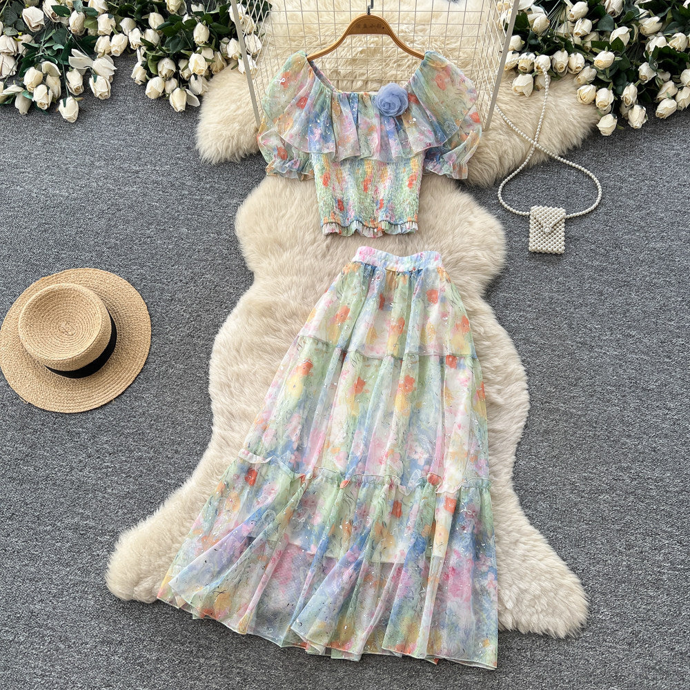 French romantic one-shoulder bubble sleeve floral two-piece set - women's summer high-waisted mesh cake skirt elegant outfit