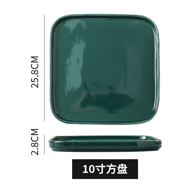 Nordic style creative green glaze ceramic steak plate - glossy green square/round plate - hotel-grade solid color salad plate