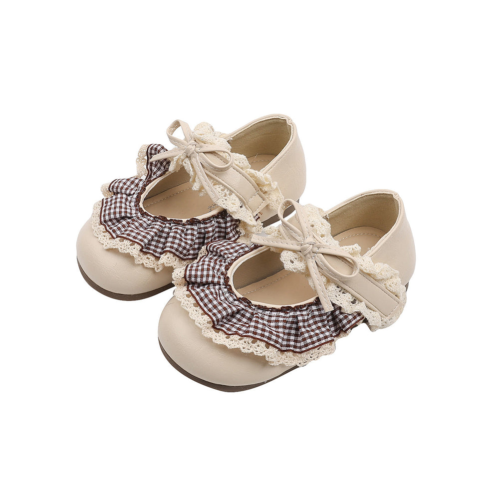 Vancahao girls' bow-tie princess shoes, new spring/autumn  collection, kids' fashionable low-cut leather shoes with lace trim