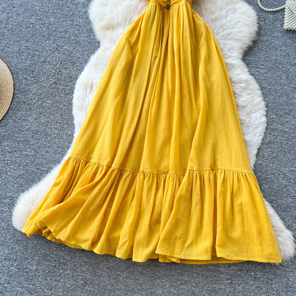 French yellow suspender pure desire backless dress women's summer k-style waist ruffles slimming look vacation style long skirt