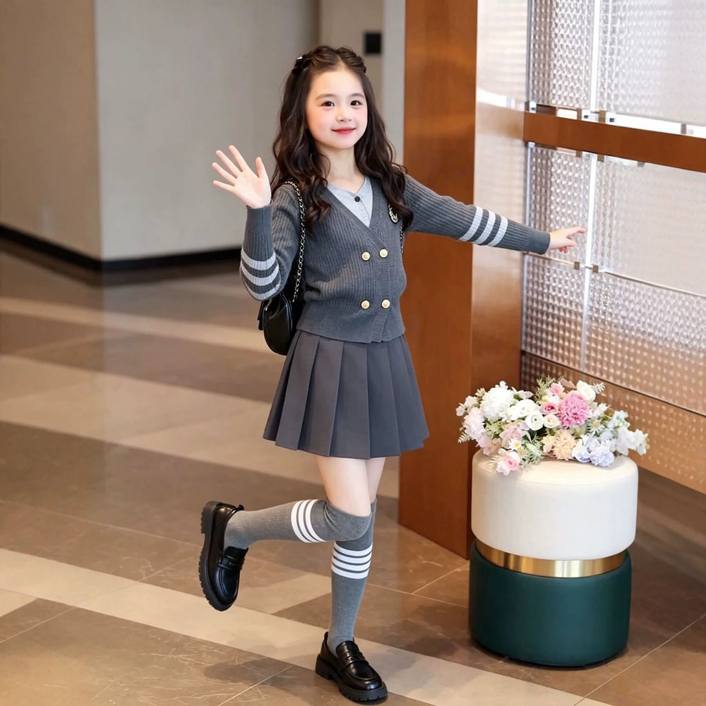 Girls' knit sweater set -  autumn collection: faux two-piece cardigan, preppy korean style, spring/autumn two-piece outfit