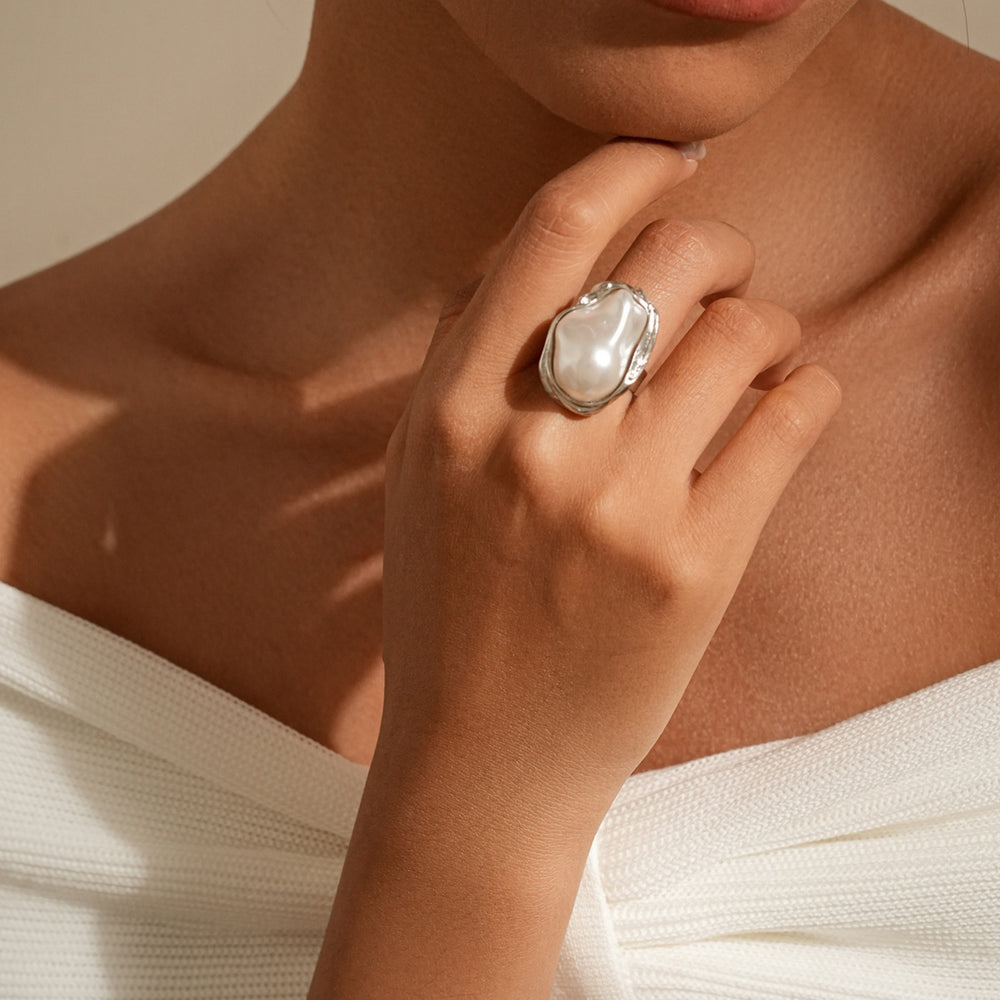 Imitation pearl ring set wholesale - european & american cross-border exaggerated accessories, light luxury retro design, open flower ring